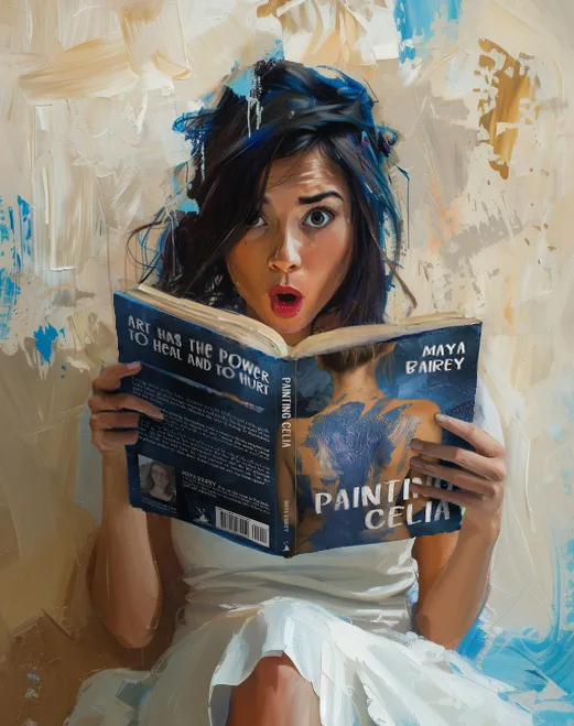 A woman with an expressive face reading the book 'Painting Celia' by Maya Bairey.