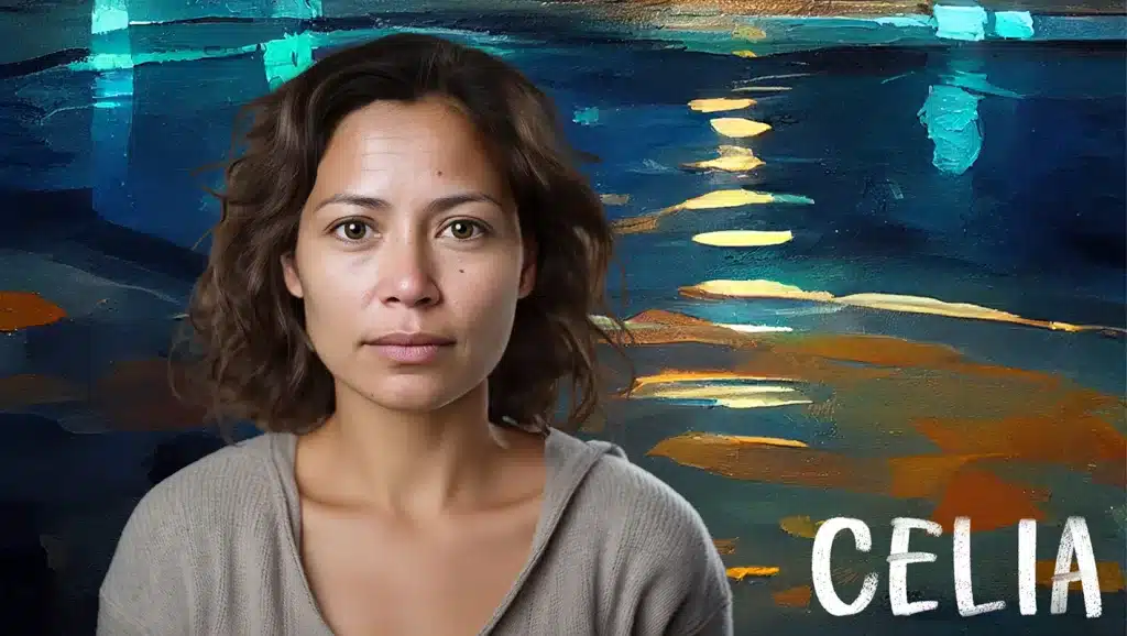 headshot of a somber part-asian woman with chin-length hair, in front of an abstract painting suggesting a swimming pool at night