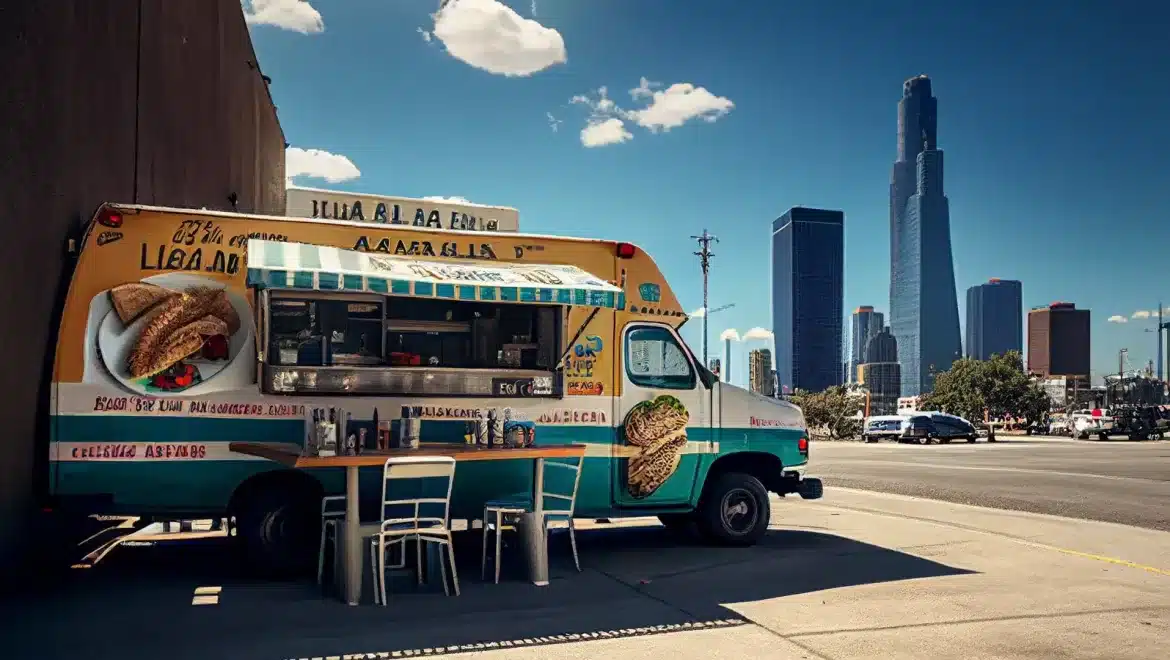 an image of a taco truck parked in downtown Los Angeles