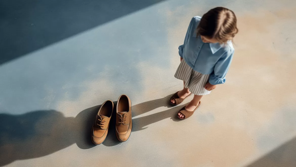 a painting of a girl looking at an empty pair of shoes