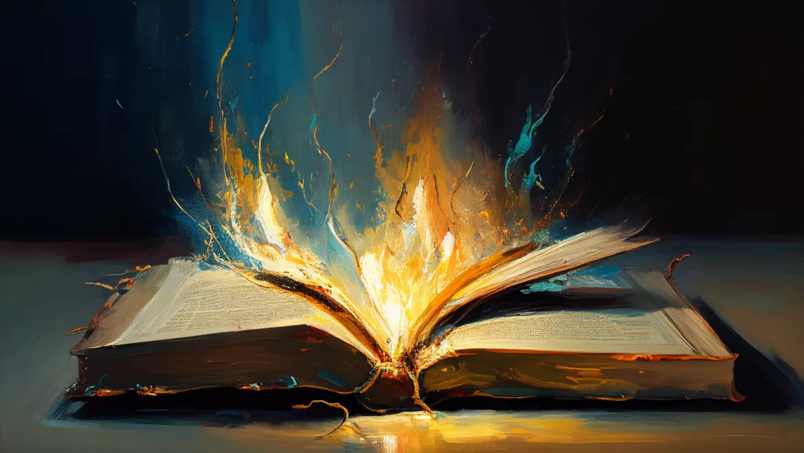 a painting of a book on fire