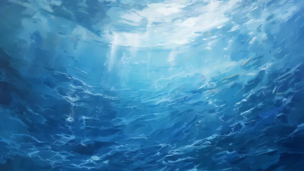 a painting of sparkling blue water from the bottom of a swimming pool