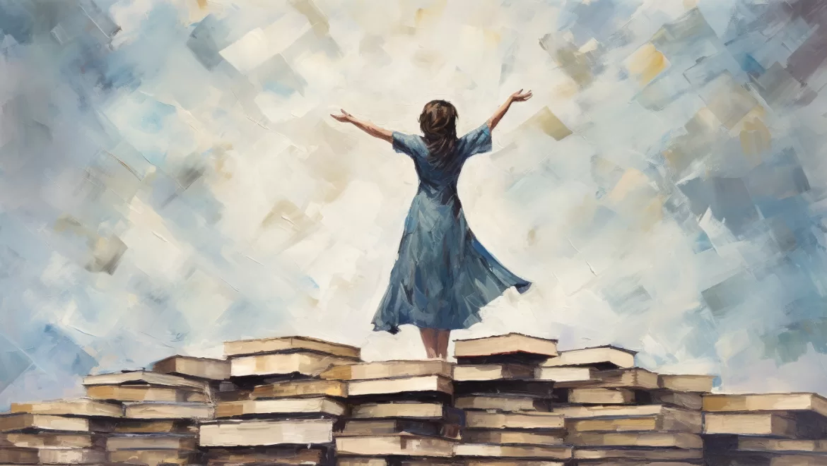 a painting of maria from the sound of music standing on top of books