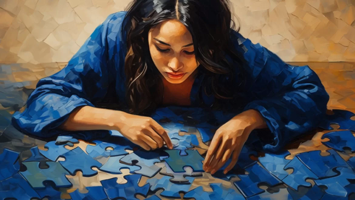 a painting of an indian woman assembling puzzle pieces