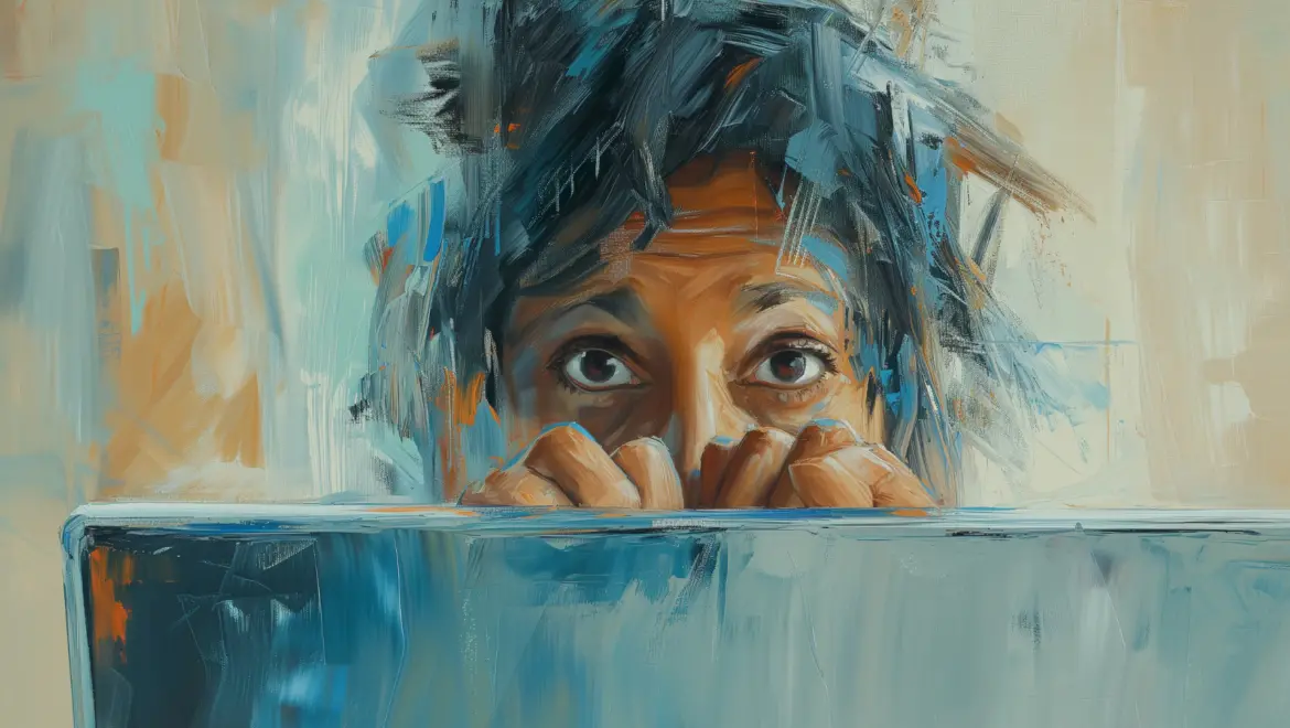 a painting of a woman looking anxiously at the viewer over her laptop screen