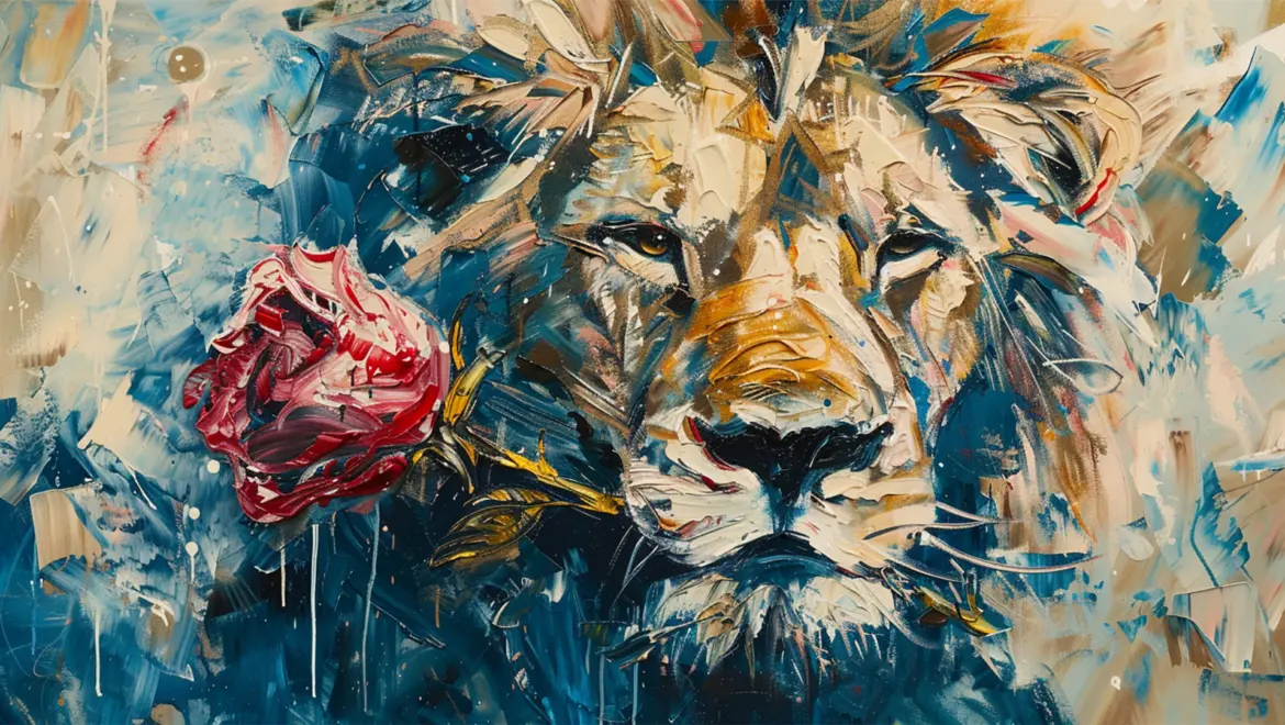 a painting of a lion with a rose in its mouth