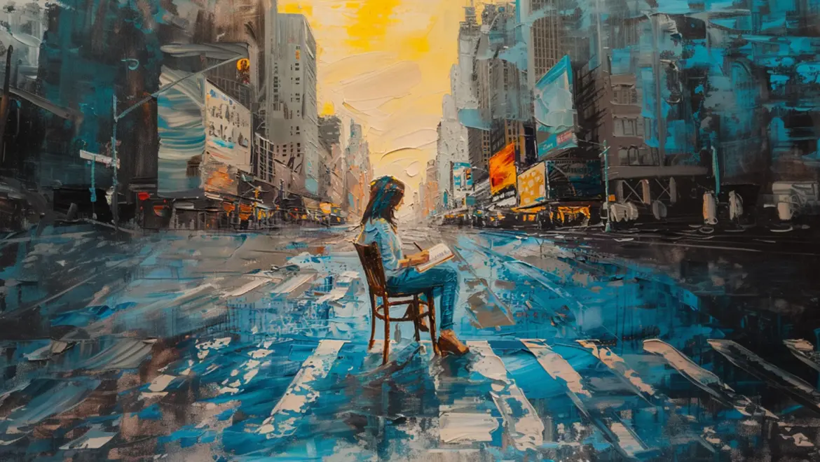 a painting of a woman sitting in the middle of a deseted city street, writing
