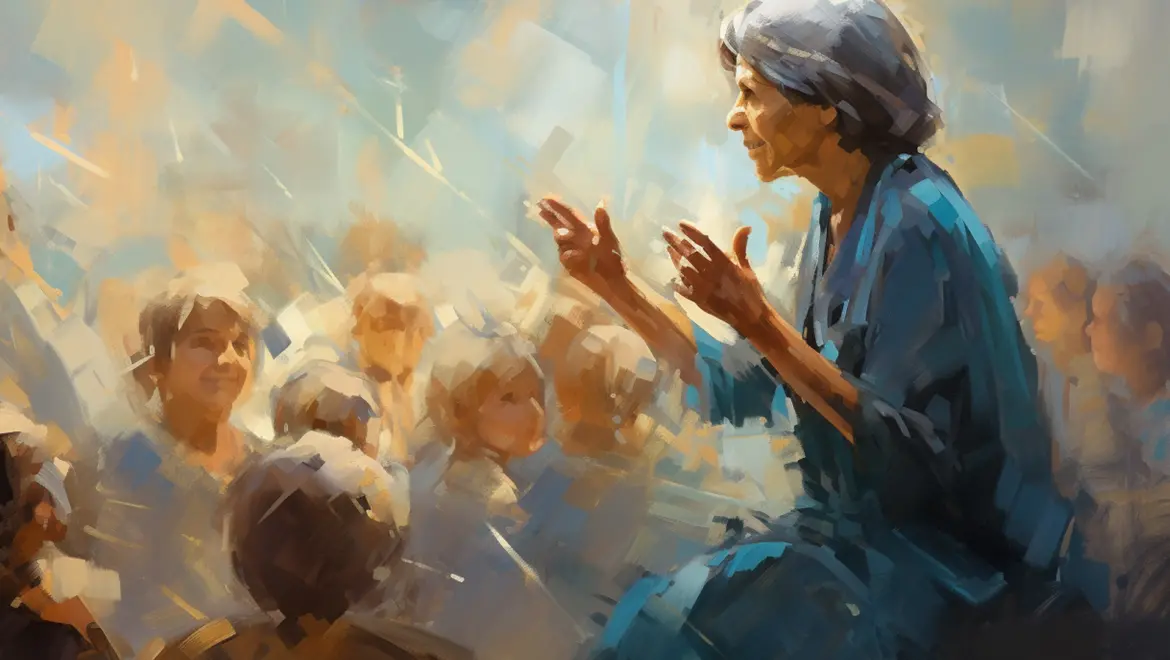 a painting of an older woman telling a story to an engaged crowd of women and children