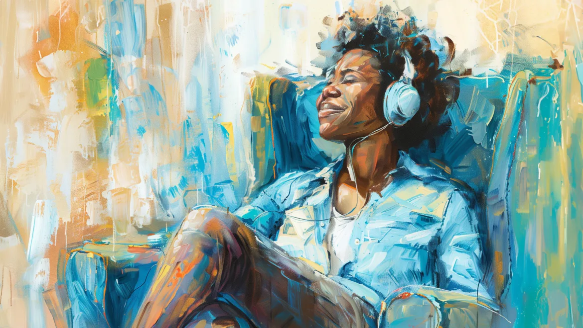 a painting of a woman sitting in an armchair listening on headphones to a satisfying story