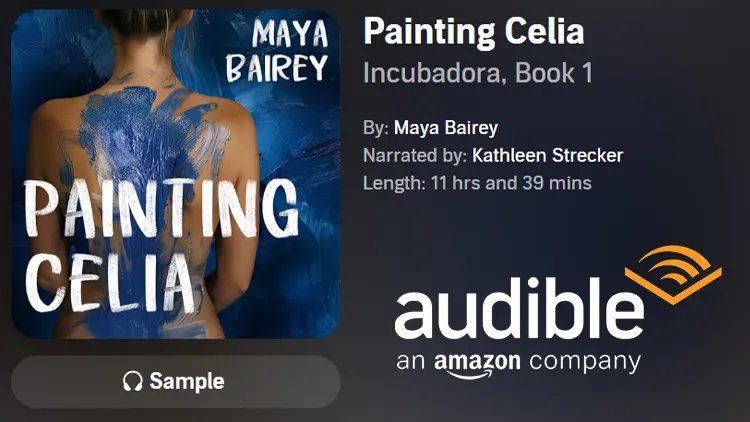 the cover of Painting Celia with audiobook credits and logos