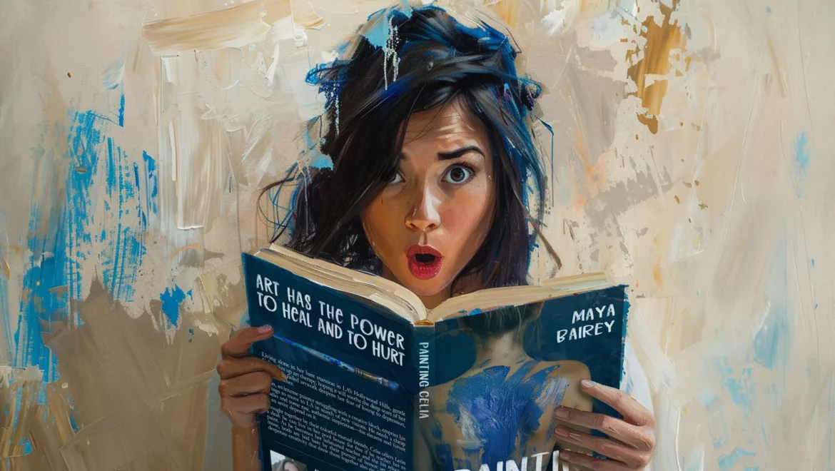 a young woman is suprised by what she's read in a book