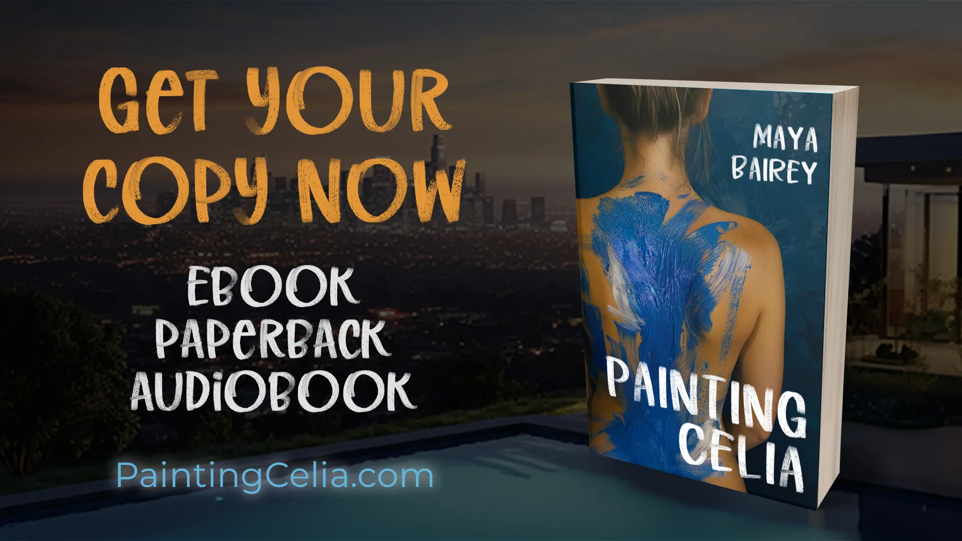 a book cover showing a woman's bare back, splashed with blue paint