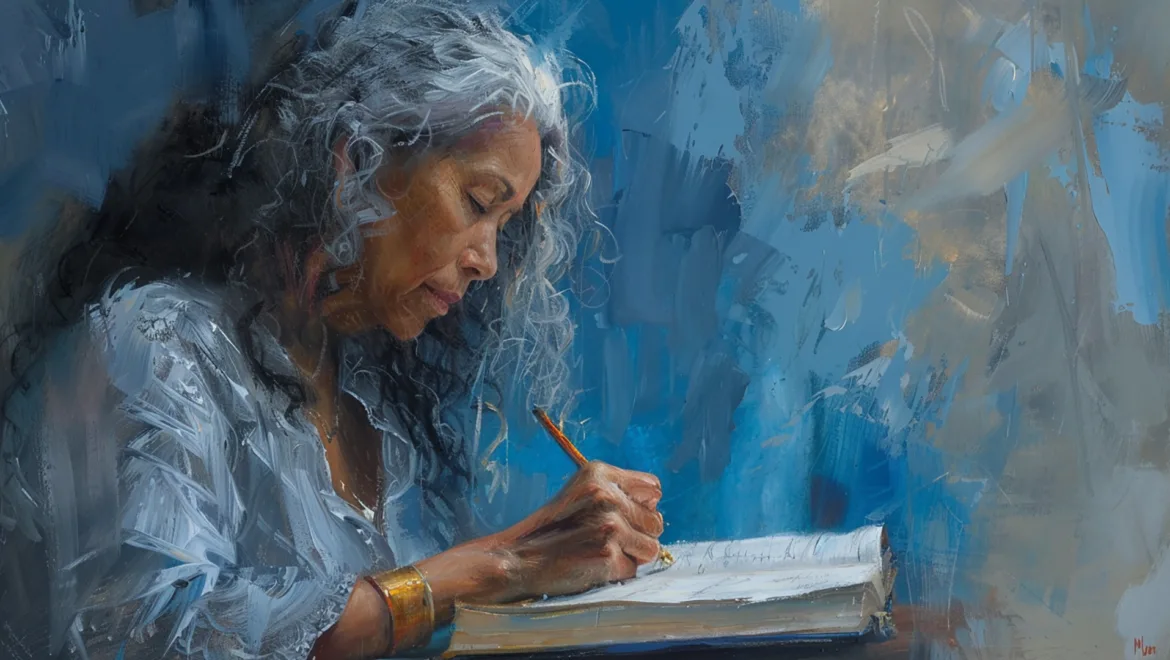 a painting of an older woman writing with a pen in a notebook