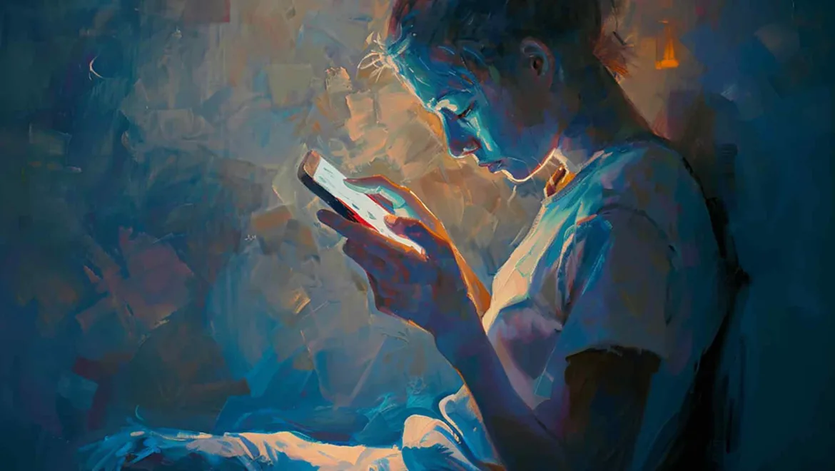 a painting of a woman intently focused on her glowing smartphone