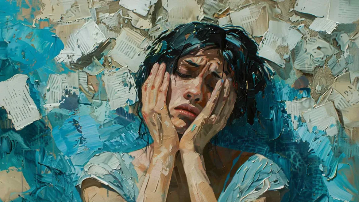 a painting of a woman with a distressed expression, holding her face, surrounded by scattered pages and blue tones, conveying deep emotion and turmoil