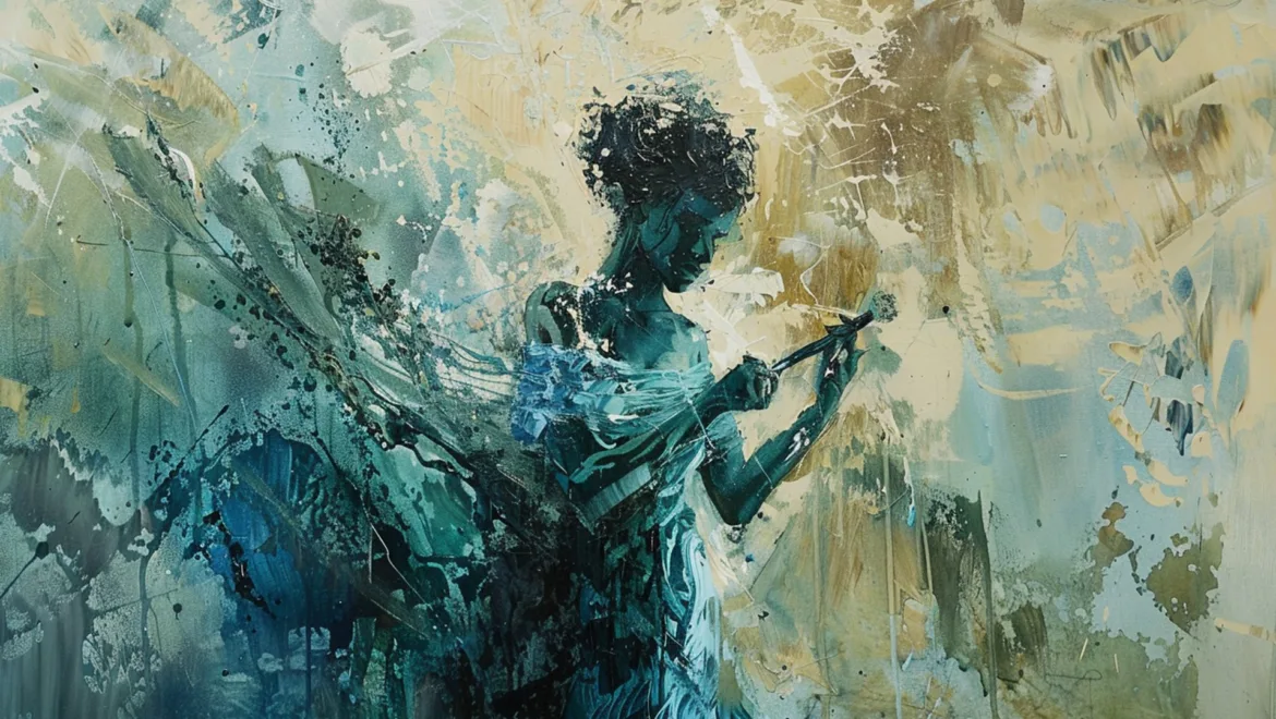 Abstract painting of a figure in shades of green and blue, showcasing a creative muse with flowing textures and dynamic brush strokes.