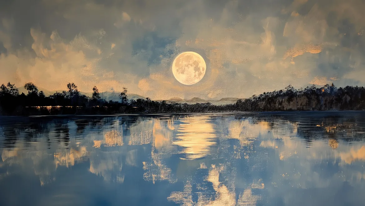 A full moon reflecting on a calm lake with clouds in the sky and trees in the background.