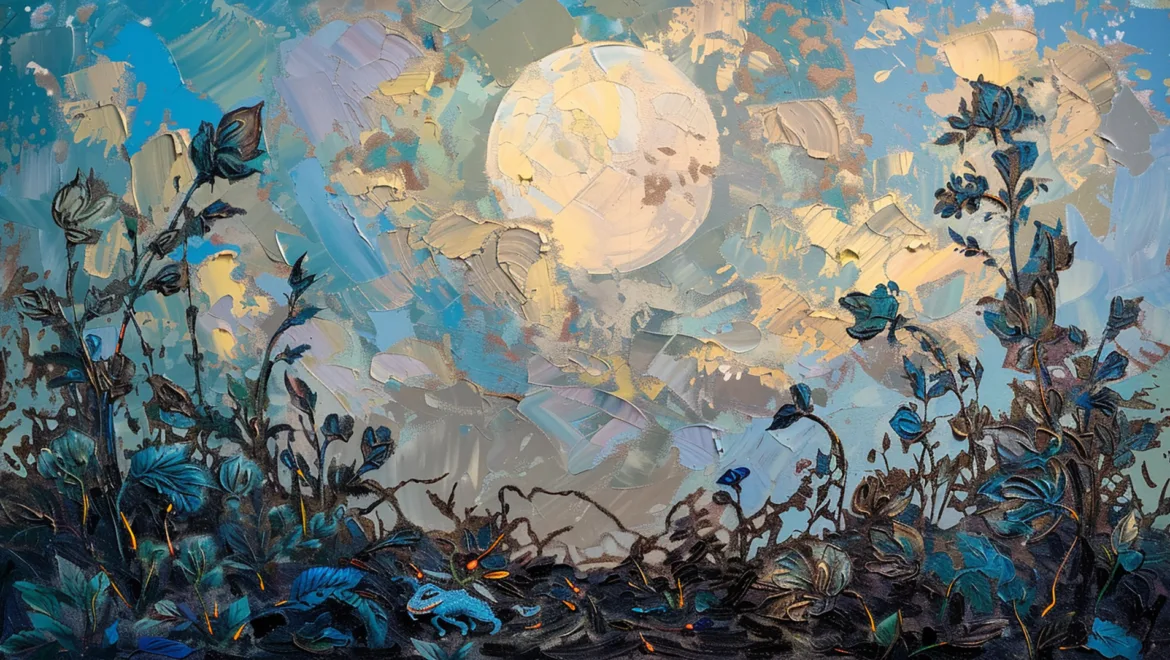 A full moon shining over a patch of silhouetted vines with flower buds on them