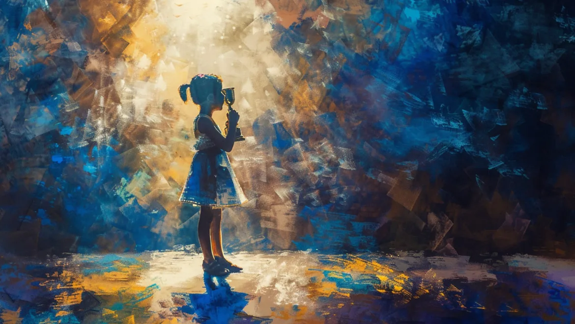 Silhouette of a child holding a trophy, illuminated by a soft light in a colorful background.