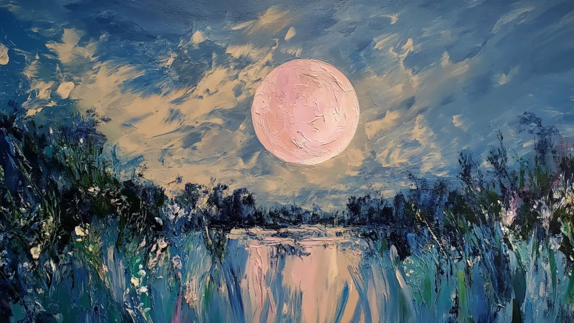 A full pink moon shining over a river and flowers