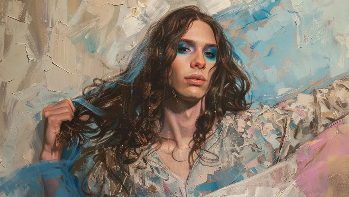 Portrait of a person with long hair and blue eye makeup, featuring an artistic background.