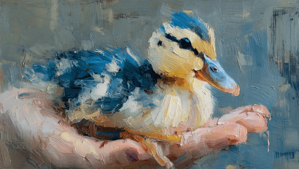 a painting of a duckling, held gently by a feminine human hand