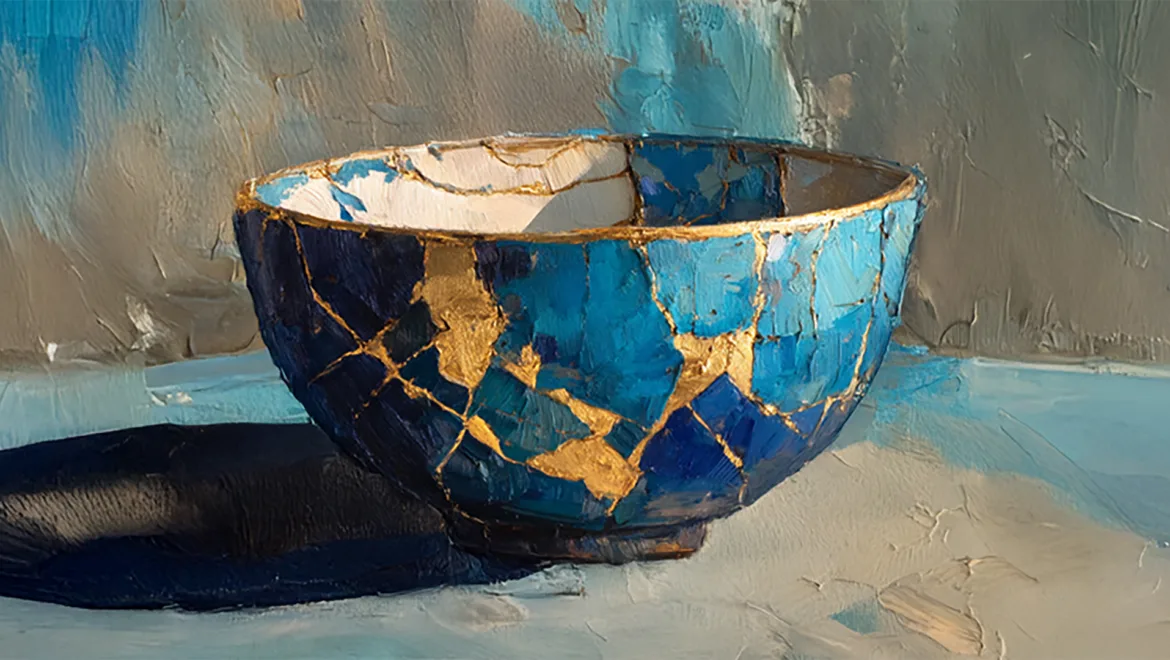 A blue kintsugi bowl with gold repairs, showing that what’s flawed can still be worth cherishing