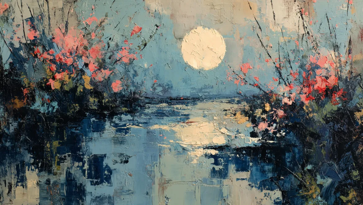 An impressionistic painting of a bright full moon reflected on a river, surrounded by blooming pink and red flowers against a textured blue sky and dark foliage.