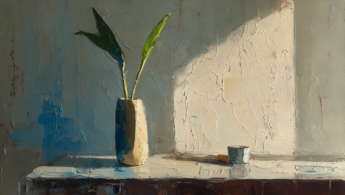 an impressionist painting of a peaceful, clutter-free space with a vase and leaves in soft light against a textured wall
