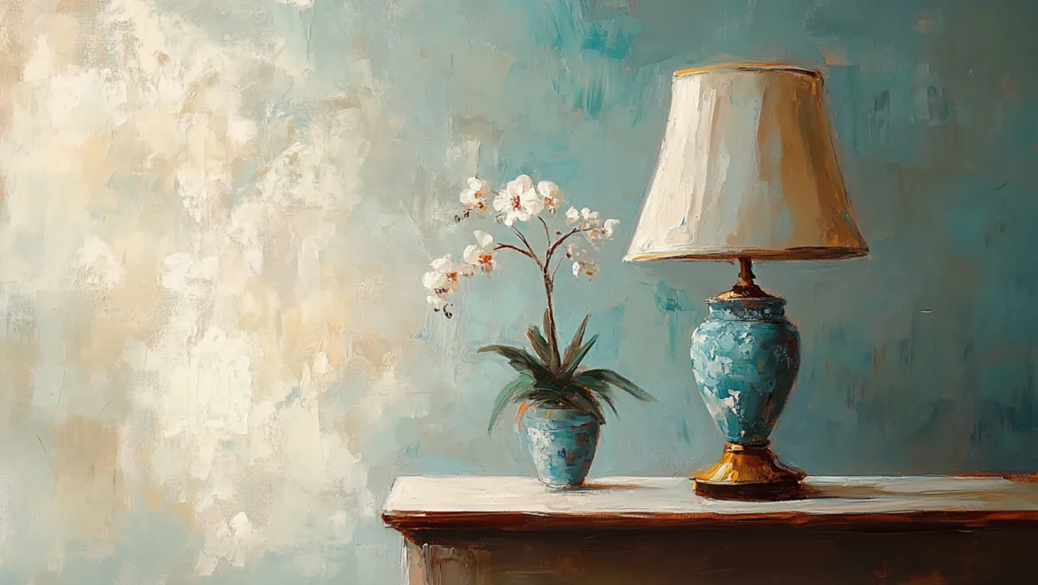 A blue decorative lamp beside a potted orchid plant on a wooden surface.