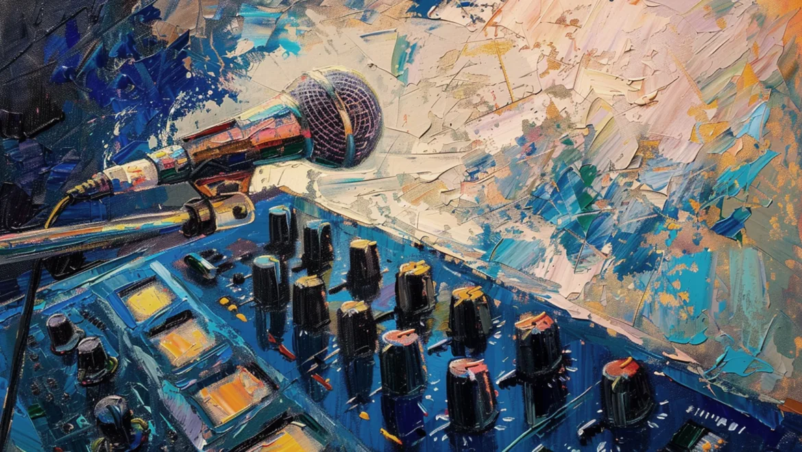 Colorful painting of a microphone and an audio mixer with knobs and sliders.