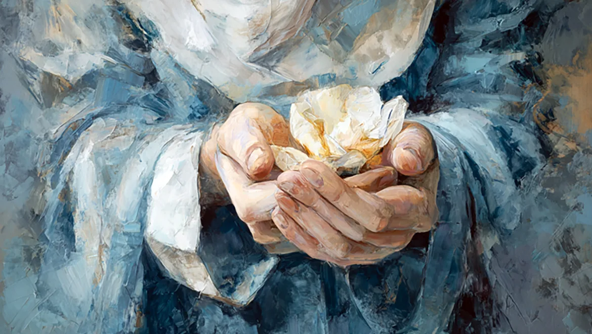 Artistic depiction of hands gently holding a white flower against a blue background.