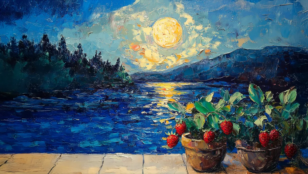a painting of a full moon over a river with strawberry plants on a deck in the foreground