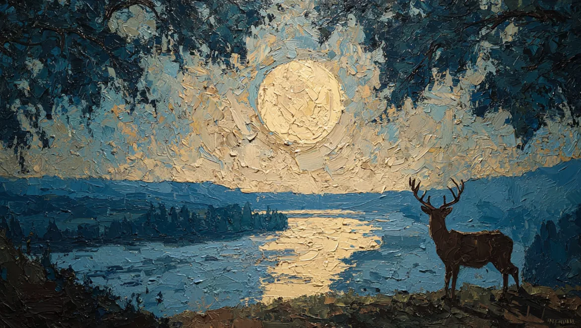Silhouette of a deer standing near a river under a large full moon in a painted landscape.