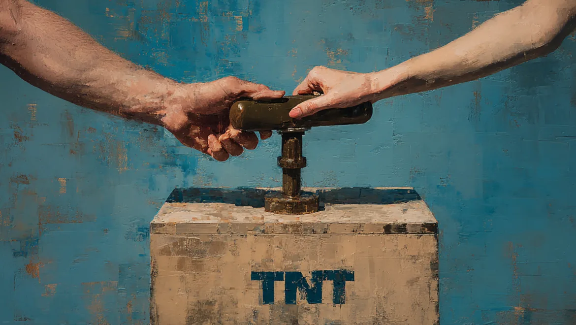 Two hands, male and female, reaching for a lever on top of a box labeled 'TNT' in a painted style.