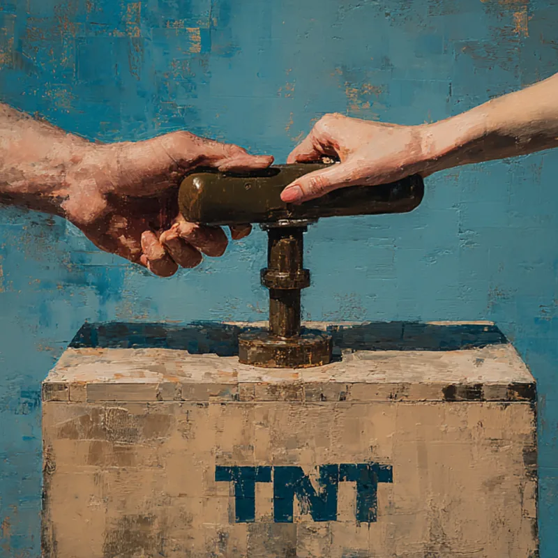 Two hands, male and female, reaching for a lever on top of a box labeled 'TNT' in a painted style.