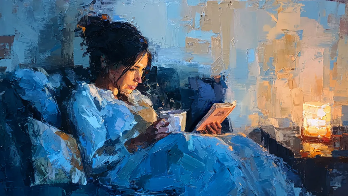 A woman sitting on a couch, reading a book and holding a cup in a cozy setting.