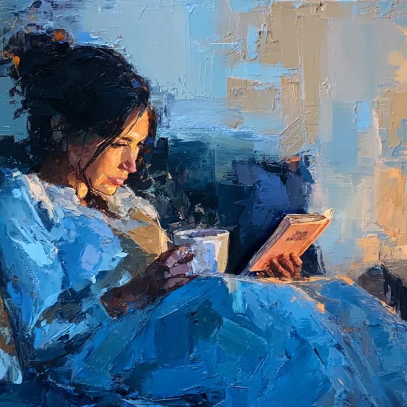 A woman sitting on a couch, reading a book and holding a cup in a cozy setting.