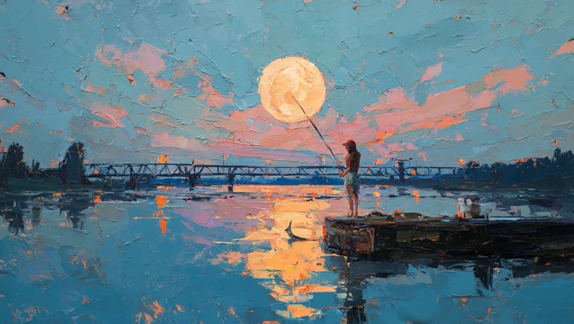 A person fishing on a dock at dawn sunrise with a large full moon in the sky and reflections on the water.
