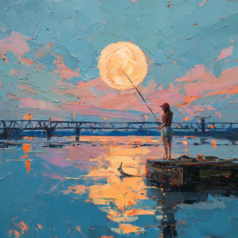 A person fishing on a dock at dawn sunrise with a large full moon in the sky and reflections on the water.