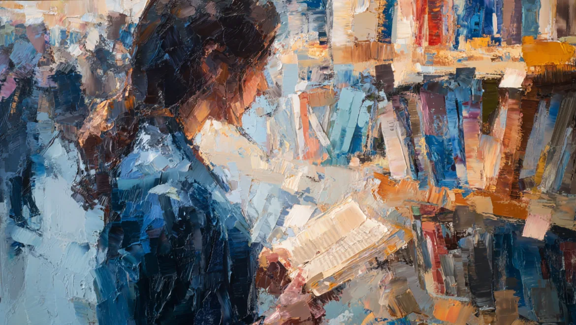 A woman holding an open book while standing in front of a bookshelf filled with various books.