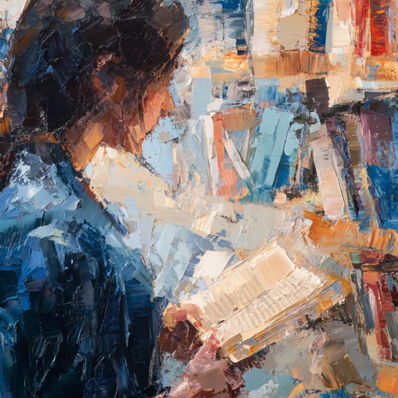A woman holding an open book while standing in front of a bookshelf filled with various books.