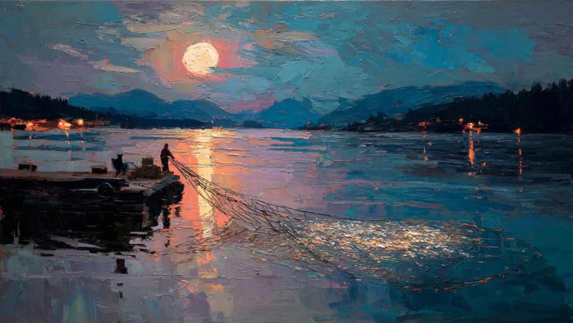 A fisherman casting a net into the water with a full moon in the sky.