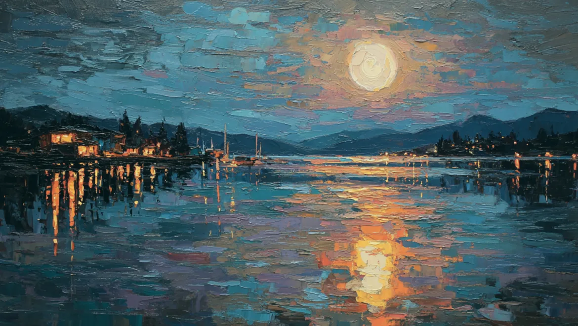 A painted scene depicting a full moon reflecting on a calm body of water with boats and trees in the background.