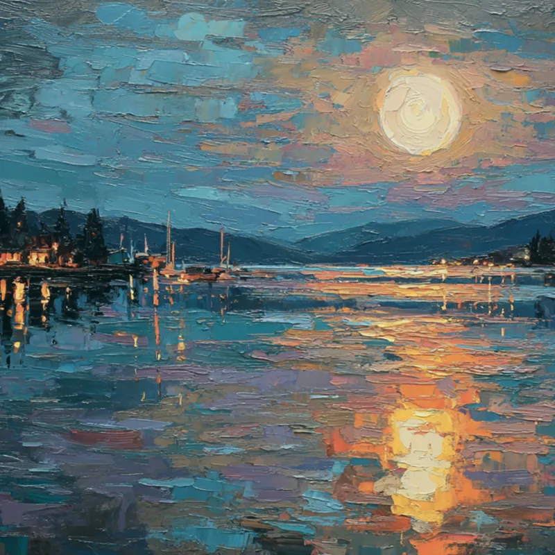 A painted scene depicting a full moon reflecting on a calm body of water with boats and trees in the background.