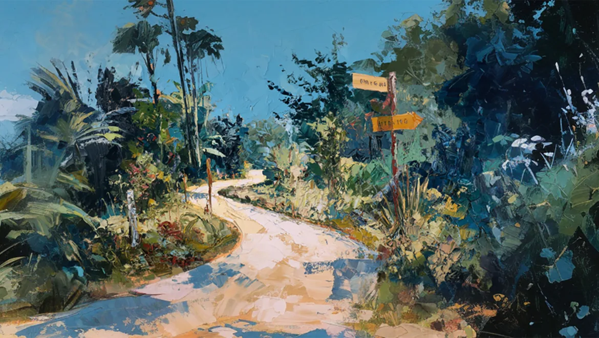 A winding path with directional signs in a lush, green environment.