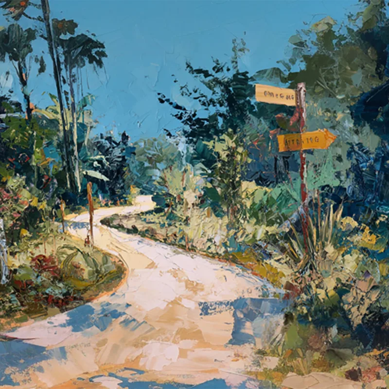 A winding path with directional signs in a lush, green environment.