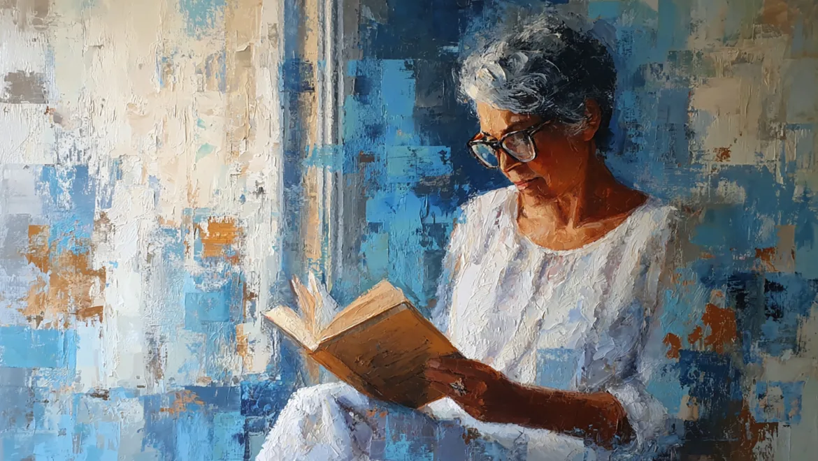 A woman with gray hair and glasses reading a book while seated by a window, surrounded by a textured blue background.