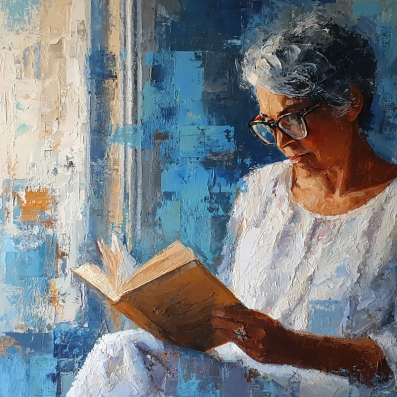 A woman with gray hair and glasses reading a book while seated by a window, surrounded by a textured blue background.