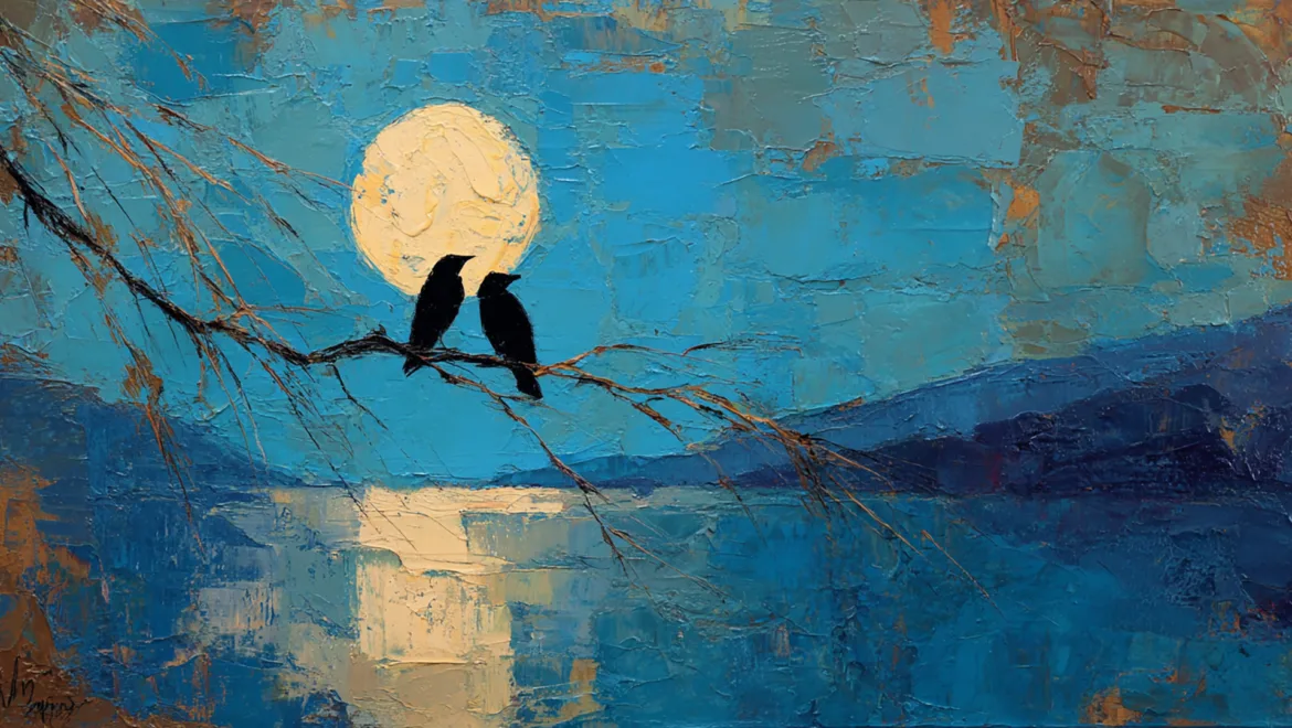 Two black crows perched on a branch against a blue background with a large moon reflecting on water.
